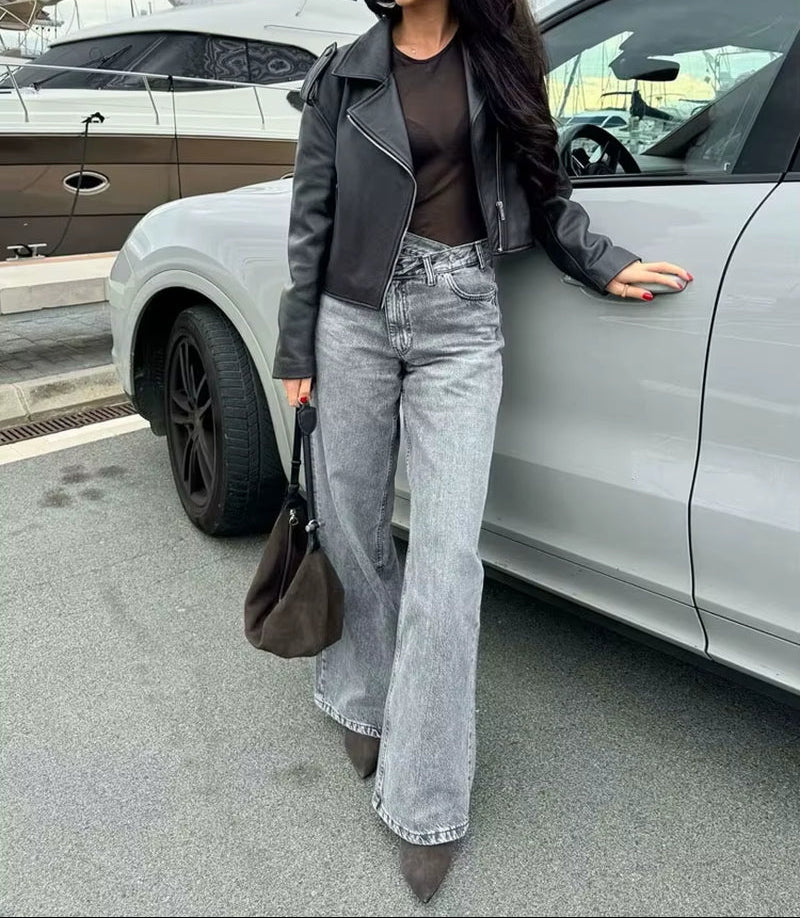 Female Vintage Asymmetric Straight Jeans High Waist Solid Double-Clad Pants Pockets Street Fashion Trousers Chic Bottom
