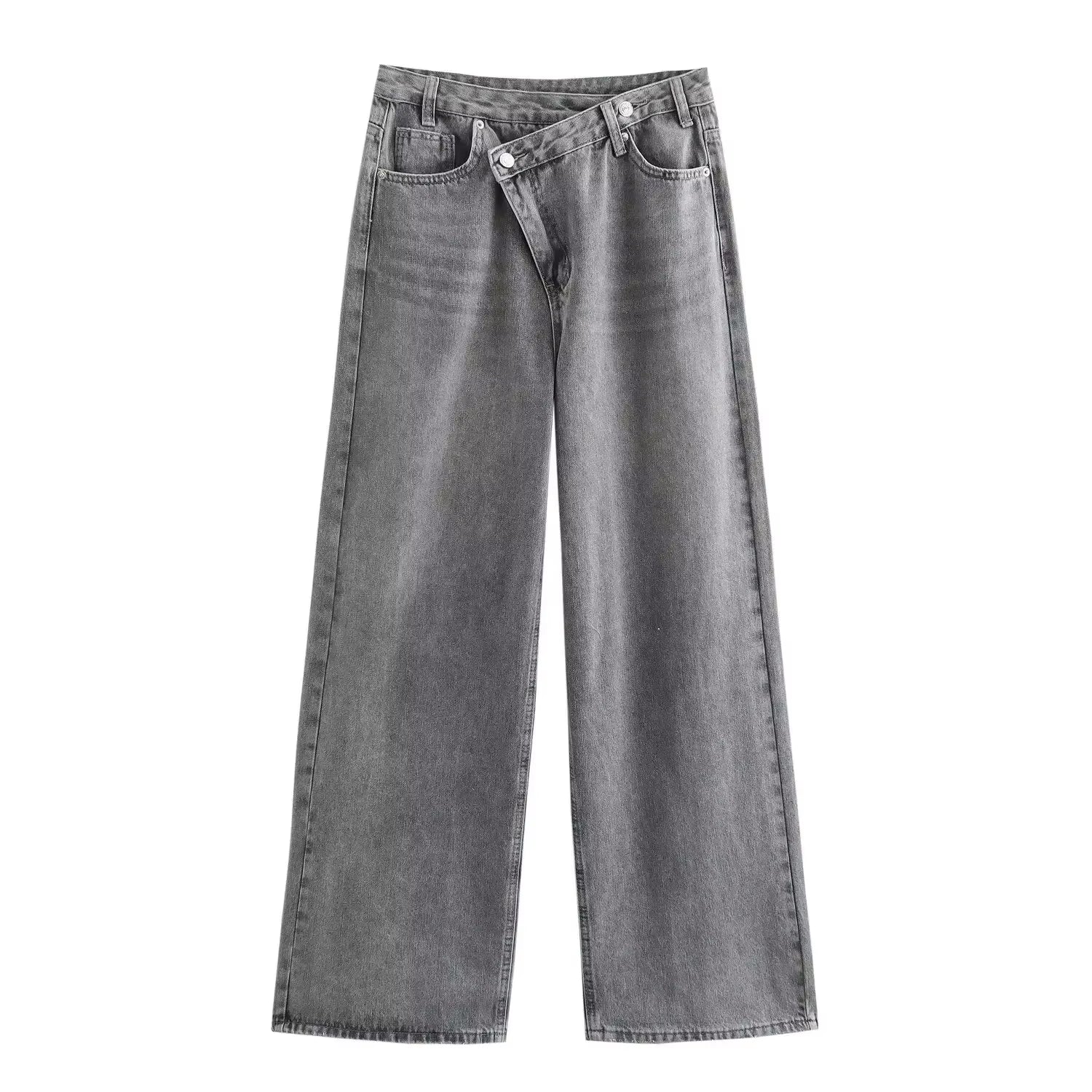 Female Vintage Asymmetric Straight Jeans High Waist Solid Double-Clad Pants Pockets Street Fashion Trousers Chic Bottom