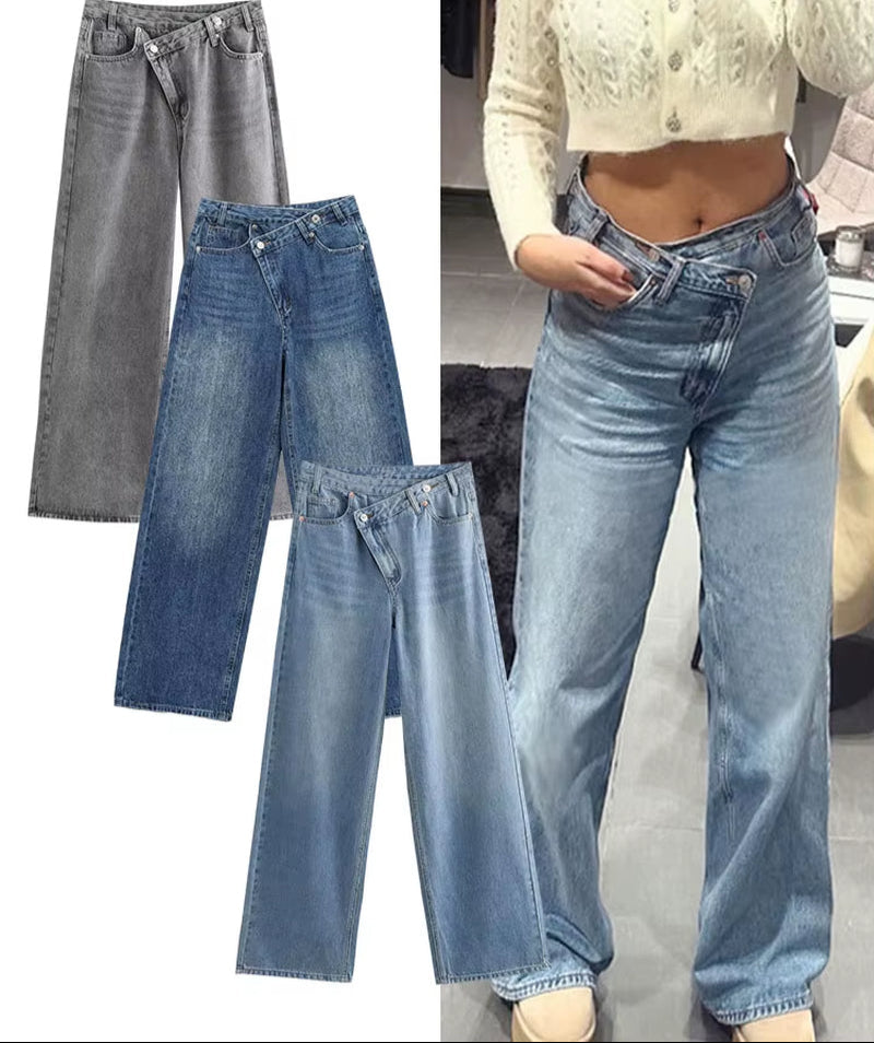 Female Vintage Asymmetric Straight Jeans High Waist Solid Double-Clad Pants Pockets Street Fashion Trousers Chic Bottom