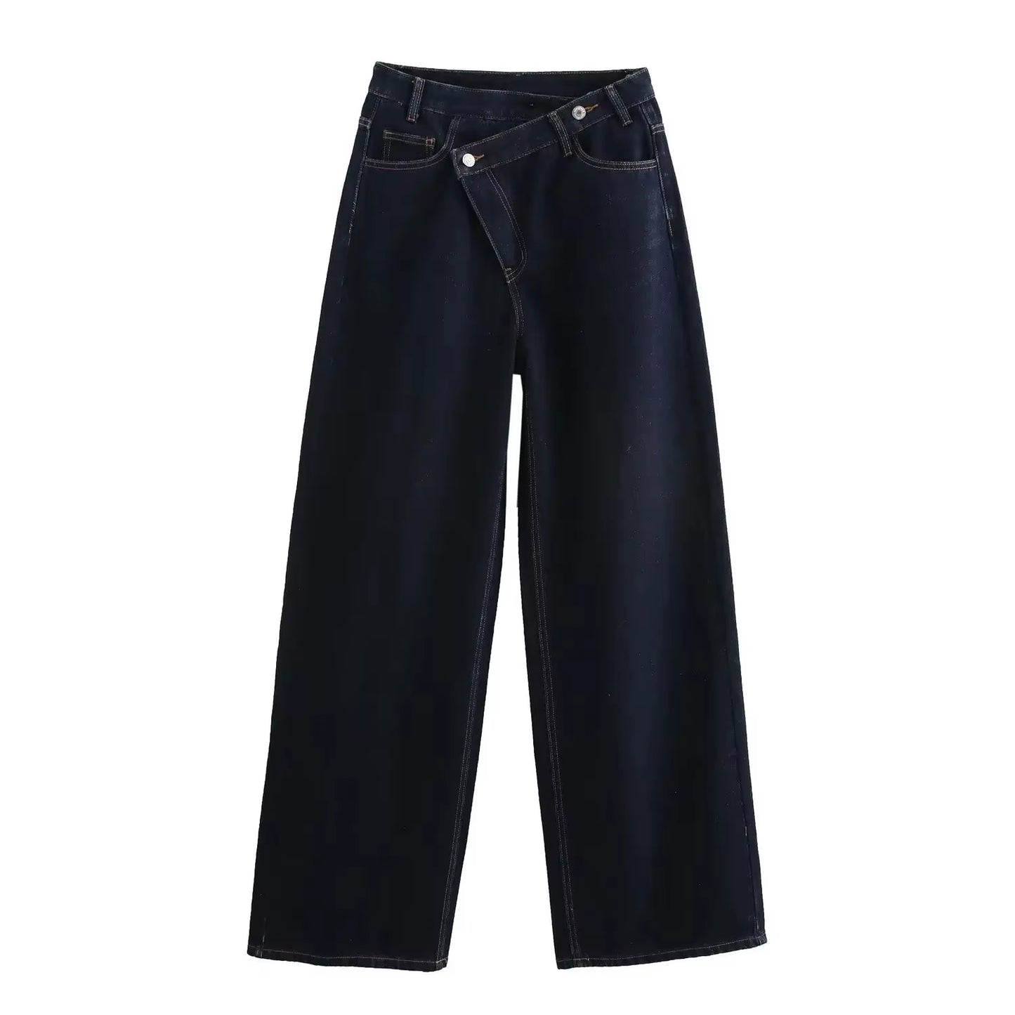 Female Vintage Asymmetric Straight Jeans High Waist Solid Double-Clad Pants Pockets Street Fashion Trousers Chic Bottom