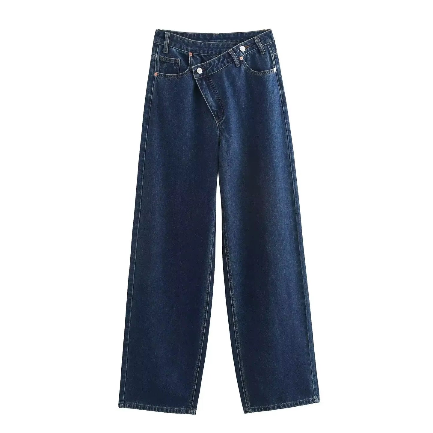 Female Vintage Asymmetric Straight Jeans High Waist Solid Double-Clad Pants Pockets Street Fashion Trousers Chic Bottom