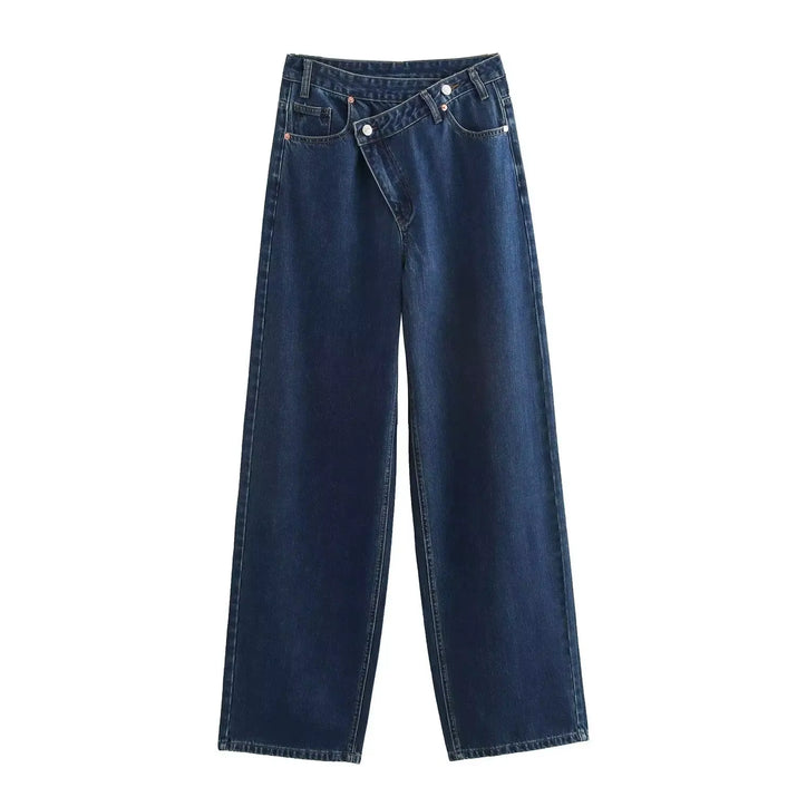 Female Vintage Asymmetric Straight Jeans High Waist Solid Double-Clad Pants Pockets Street Fashion Trousers Chic Bottom