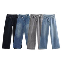 Female Vintage Asymmetric Straight Jeans High Waist Solid Double-Clad Pants Pockets Street Fashion Trousers Chic Bottom