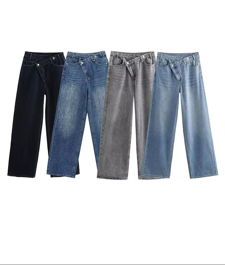 Female Vintage Asymmetric Straight Jeans High Waist Solid Double-Clad Pants Pockets Street Fashion Trousers Chic Bottom