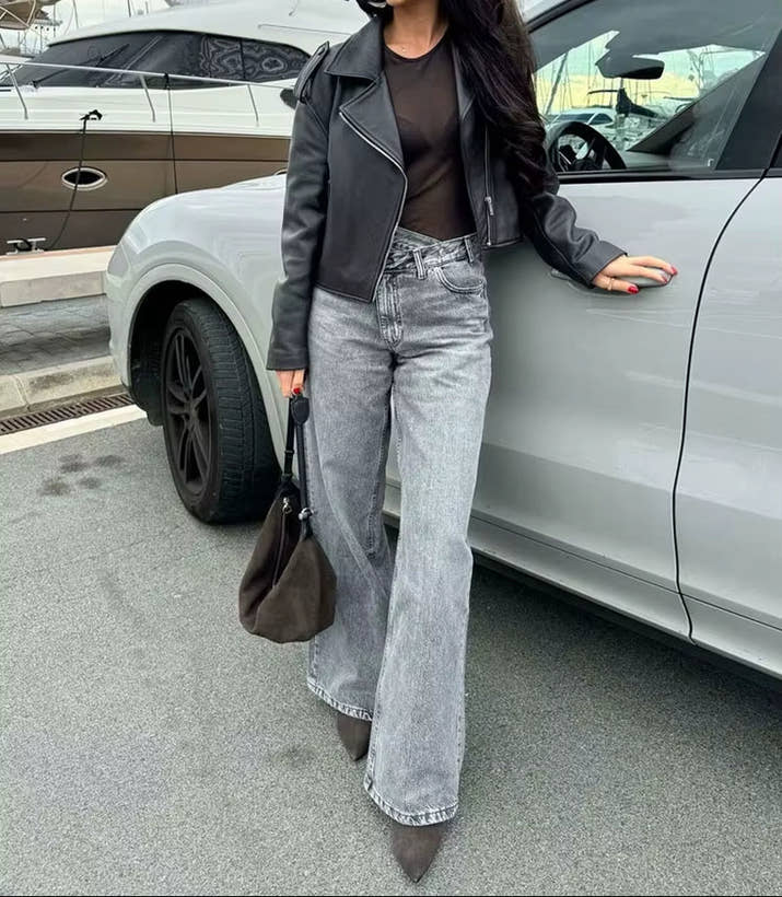 Female Vintage Asymmetric Straight Jeans High Waist Solid Double-Clad Pants Pockets Street Fashion Trousers Chic Bottom