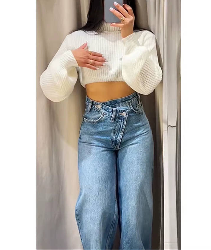 Female Vintage Asymmetric Straight Jeans High Waist Solid Double-Clad Pants Pockets Street Fashion Trousers Chic Bottom