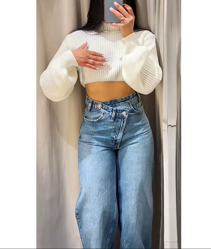 Female Vintage Asymmetric Straight Jeans High Waist Solid Double-Clad Pants Pockets Street Fashion Trousers Chic Bottom