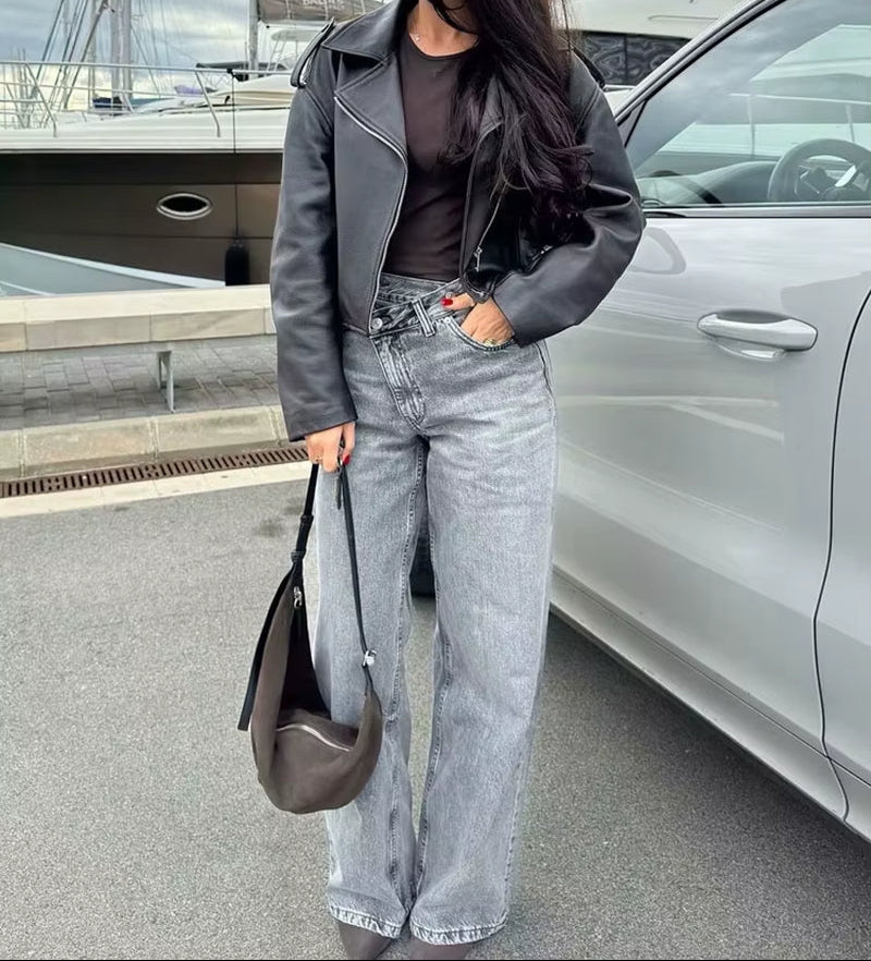 Female Vintage Asymmetric Straight Jeans High Waist Solid Double-Clad Pants Pockets Street Fashion Trousers Chic Bottom