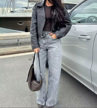 Female Vintage Asymmetric Straight Jeans High Waist Solid Double-Clad Pants Pockets Street Fashion Trousers Chic Bottom