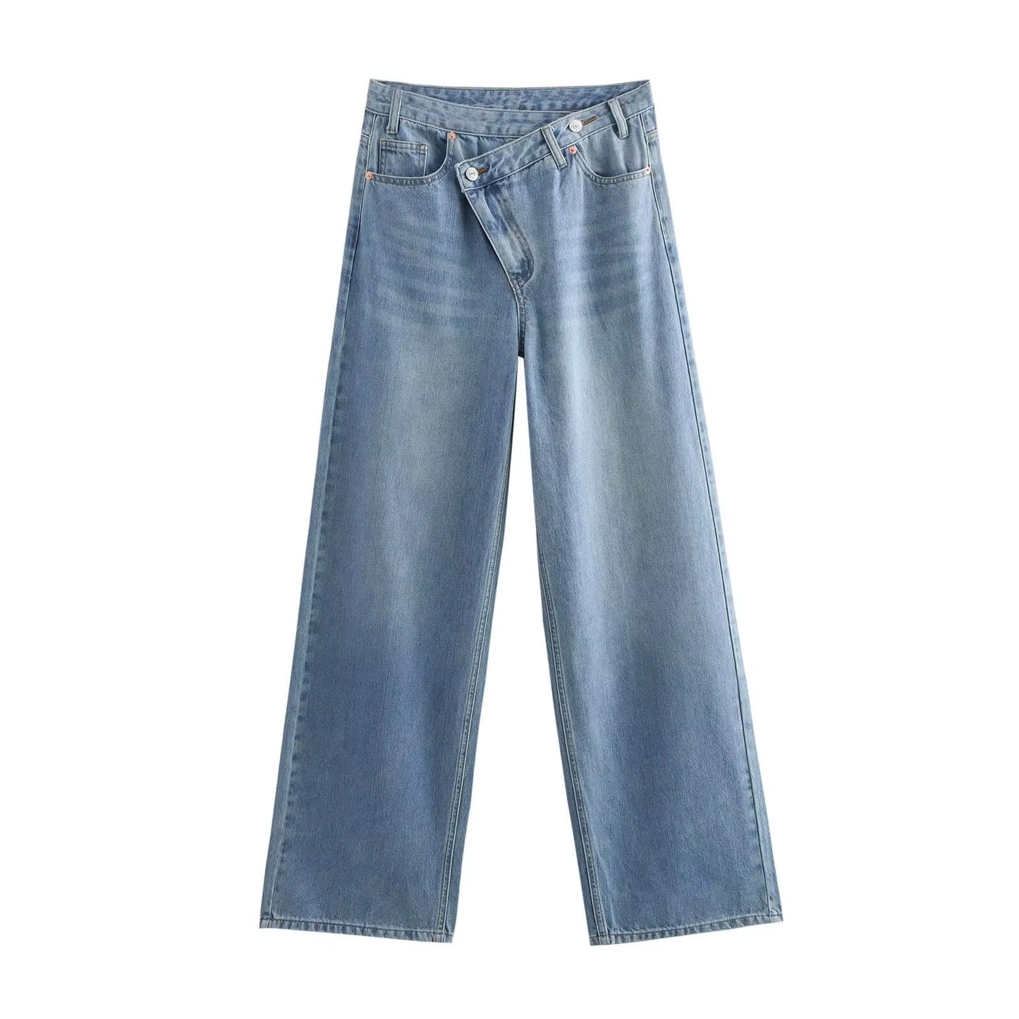 Female Vintage Asymmetric Straight Jeans High Waist Solid Double-Clad Pants Pockets Street Fashion Trousers Chic Bottom