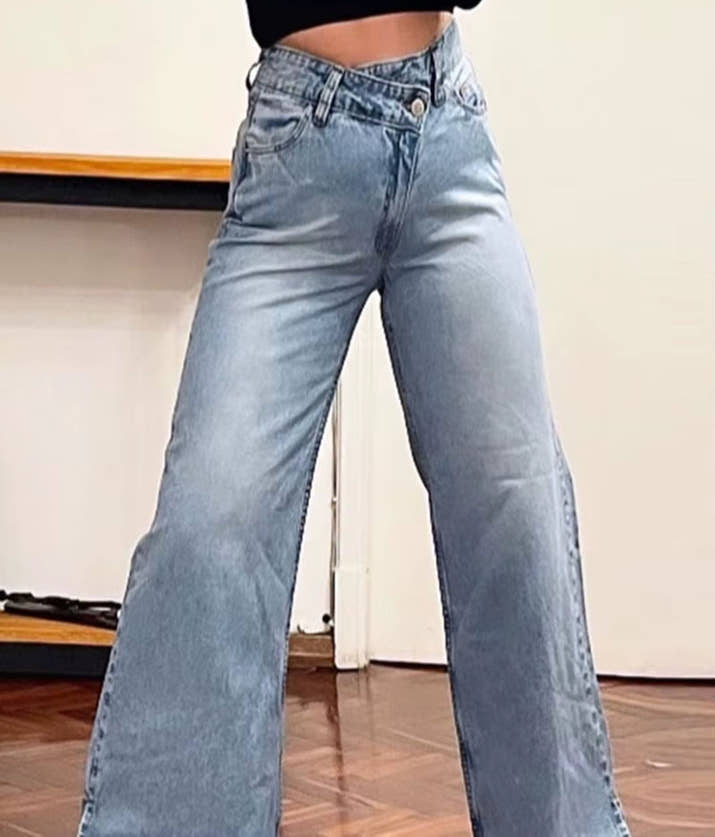 Female Vintage Asymmetric Straight Jeans High Waist Solid Double-Clad Pants Pockets Street Fashion Trousers Chic Bottom