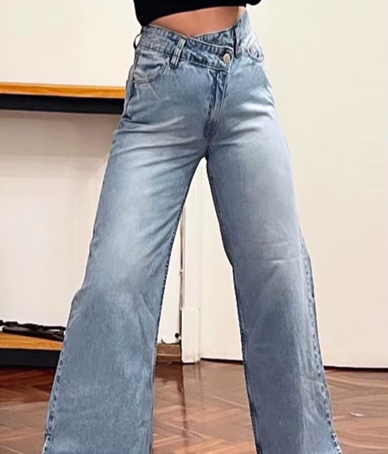 Female Vintage Asymmetric Straight Jeans High Waist Solid Double-Clad Pants Pockets Street Fashion Trousers Chic Bottom