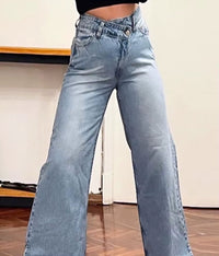 Female Vintage Asymmetric Straight Jeans High Waist Solid Double-Clad Pants Pockets Street Fashion Trousers Chic Bottom