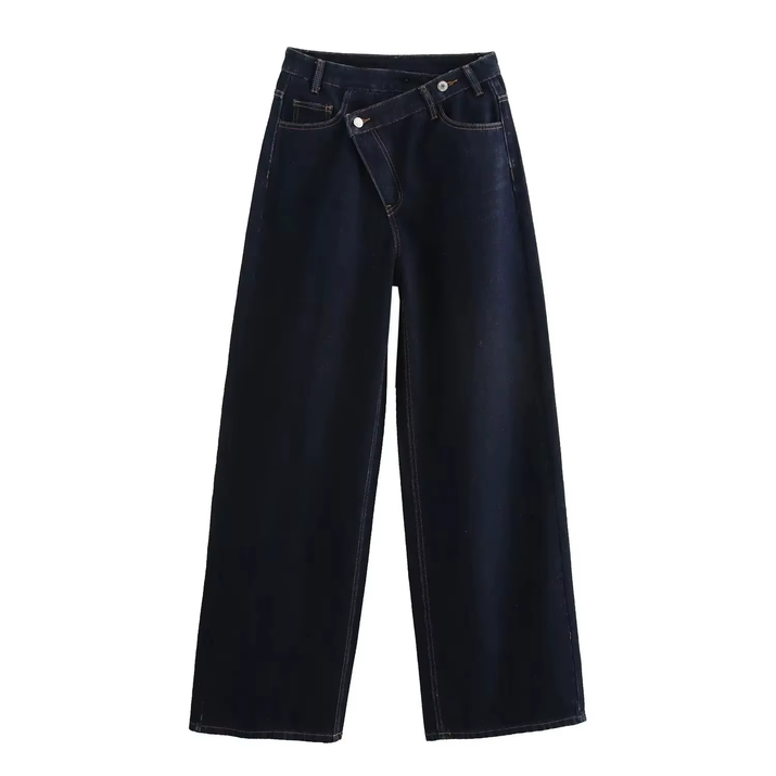 Female Vintage Asymmetric Straight Jeans High Waist Solid Double-Clad Pants Pockets Street Fashion Trousers Chic Bottom