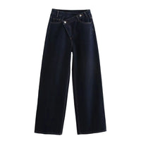 Female Vintage Asymmetric Straight Jeans High Waist Solid Double-Clad Pants Pockets Street Fashion Trousers Chic Bottom