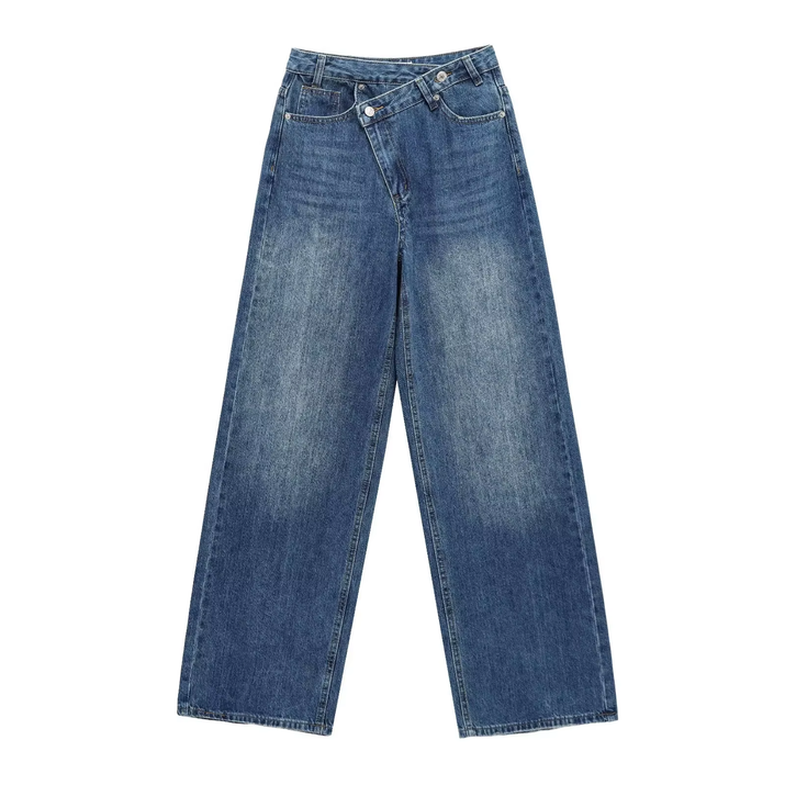 Female Vintage Asymmetric Straight Jeans High Waist Solid Double-Clad Pants Pockets Street Fashion Trousers Chic Bottom