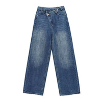 Female Vintage Asymmetric Straight Jeans High Waist Solid Double-Clad Pants Pockets Street Fashion Trousers Chic Bottom