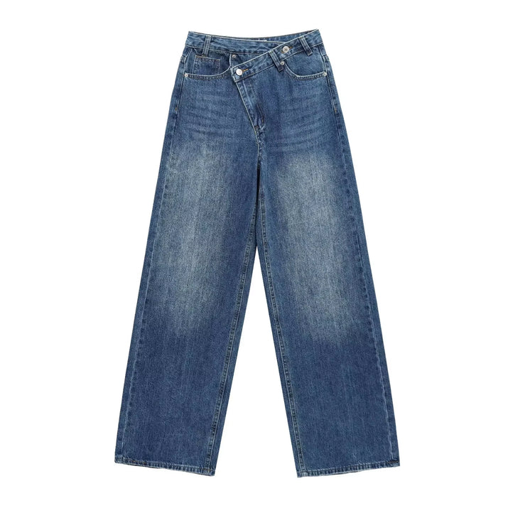Female Vintage Asymmetric Straight Jeans High Waist Solid Double-Clad Pants Pockets Street Fashion Trousers Chic Bottom
